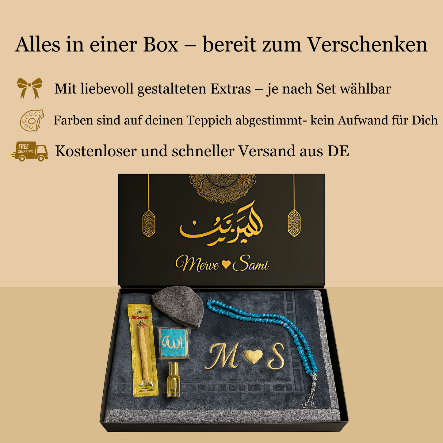 pers. Gebetsteppich-Set inkl. Geschenkbox, Mini-Koran, Tesbih, Miswak & PDF‘s