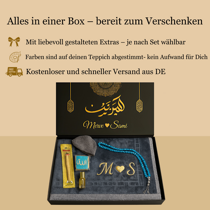 pers. Gebetsteppich-Set inkl. Geschenkbox, Mini-Koran, Tesbih, Miswak & PDF‘s